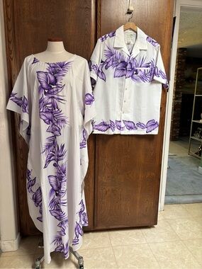 Honeymoon set. White Maxi Dress with Purple Floral Print - Women's Caftan Maxi